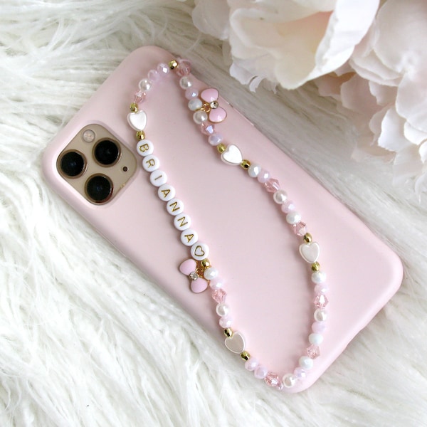 Personalised Name Beaded Phone Charm Wristlet, Iphone Strap - Pink and White with Bow Metal Charm - WHITE / GOLD Letters and GOLD Love Heart