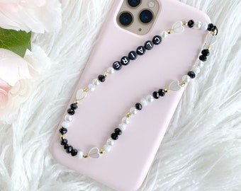 Personalised Name Beaded Phone Charm Wristlet, Iphone Strap - Black and White Pearl Love Hearts with BLACK / WHITE Letters