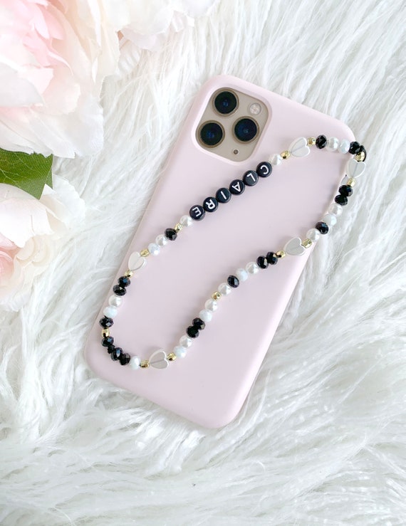 Personalised Name Beaded Phone Charm Wristlet, iPhone Strap Black and White  Pearl Love Hearts With BLACK / WHITE Letters 