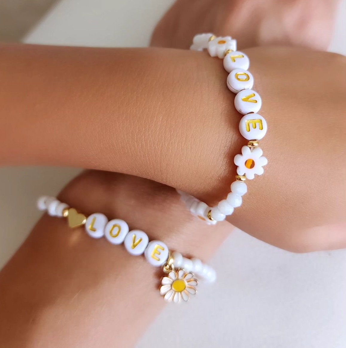 Personalised Name Daisy Flower Charm Bracelet Stack - White  display picture 3