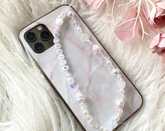 Crystal Clear with Pearls and Love Hearts Personalised Name Beaded Phone Charm Wristlet, Iphone Strap - with WHITE / SILVER Letters