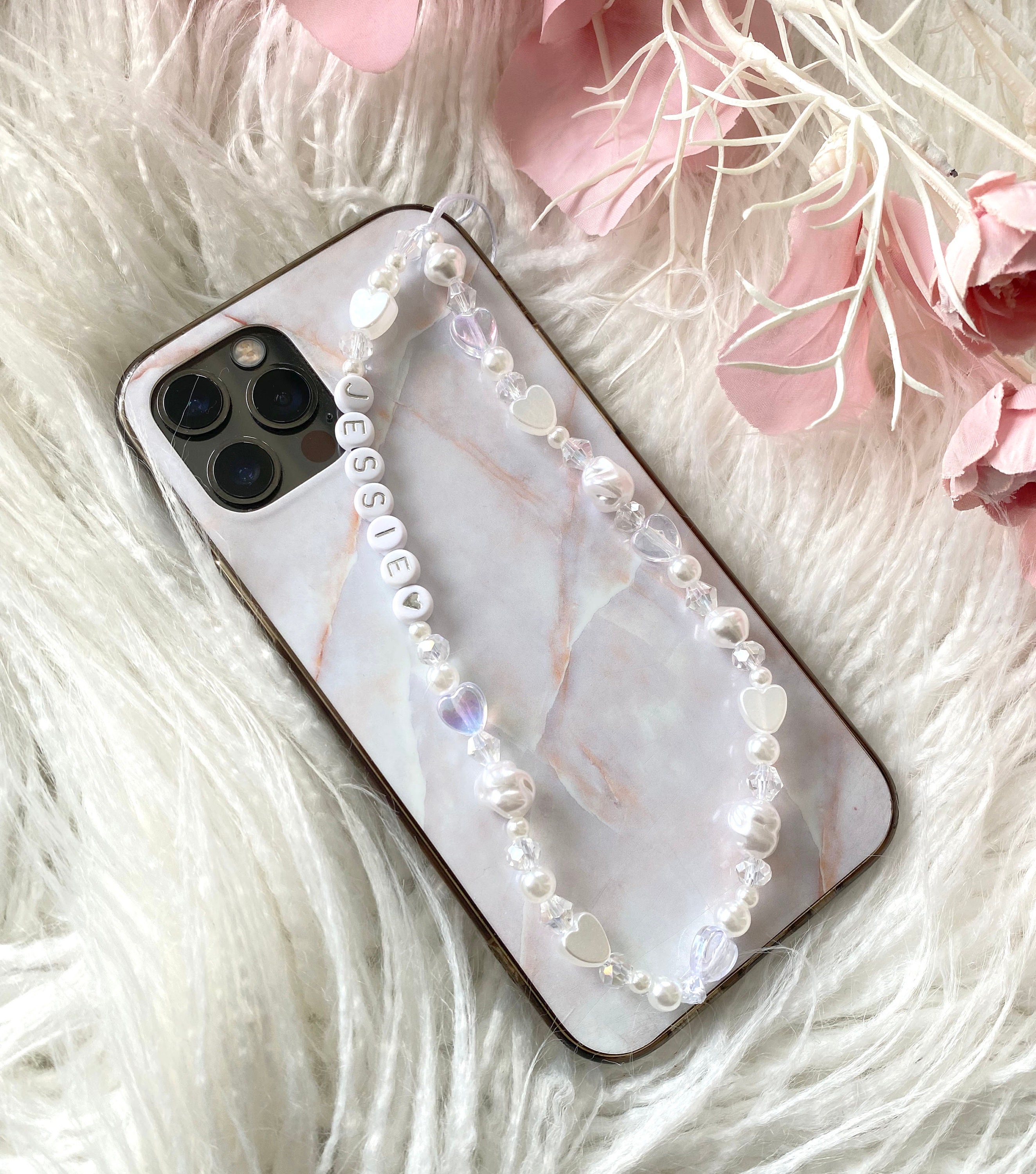 Crystal Clear with Pearls and Love Hearts Personalised Name Beaded Phone Charm Wristlet, Iphone Strap - with WHITE / SILVER Letters
