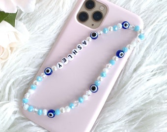 Personalised Name Beaded Phone Charm Wristlet, Iphone Strap - Pearls, Crystals and BLUE Evil Eye with White / Black Letters