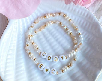 Gold and White with REAL Pearls Personalised Name Bracelet - White / Gold Letter Beads