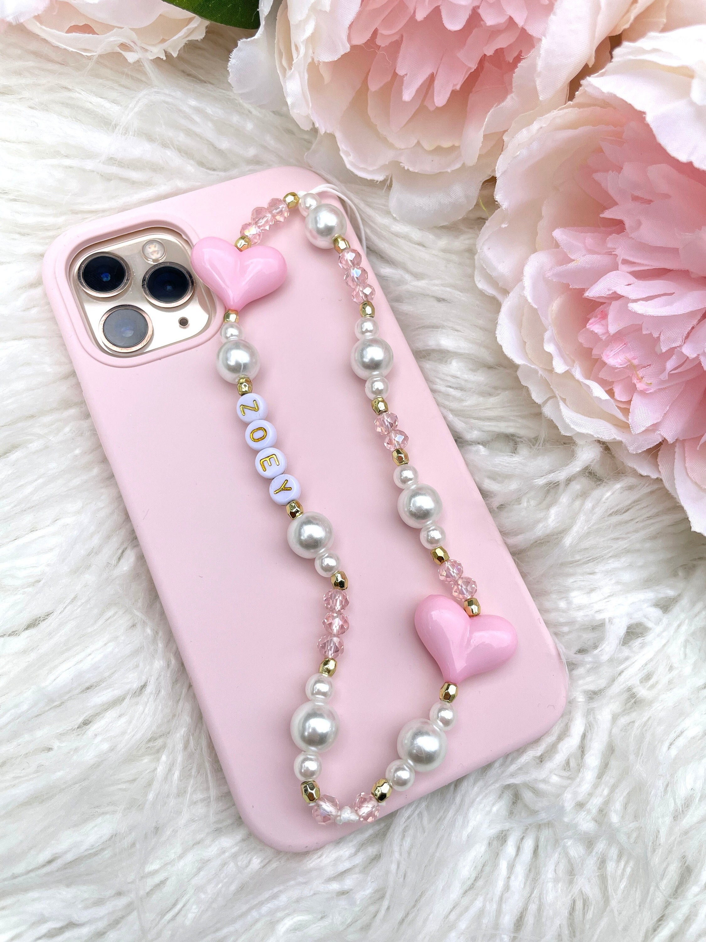 Chunky Pink Love Hearts and Pearls Personalised Name Beaded
