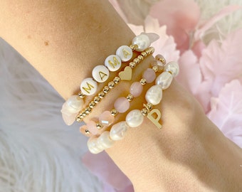 Fresh Water Pearls and Rose Quartz with Gold / White Personalised Name Bracelet Stack - 4 Different Styles to choose from