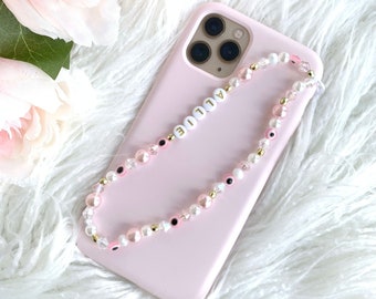 Personalised Name Beaded Phone Charm Wristlet, Iphone Strap - Pearls, Crystals and Pink Evil Eye with White / Gold Letters