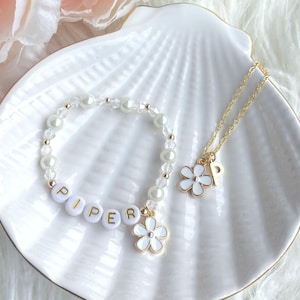 White Pearl Personalised Name Flower Charm Bracelet - Flower Girl Gift Set with White / Gold Letters - Bridal Jewellery