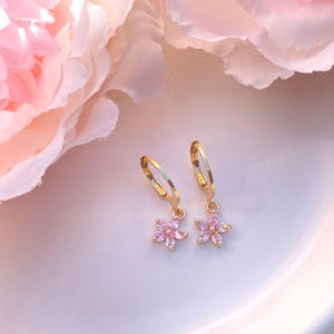 Tiny Dainty Pink Crystal Flower 18K Gold Plated Huggie Sleeper Hoop Earrings