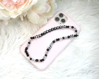 Halloween Skulls Personalised Name Beaded Phone Charm Wristlet, Iphone Strap - Black and White - with BLACK / WHITE Letters