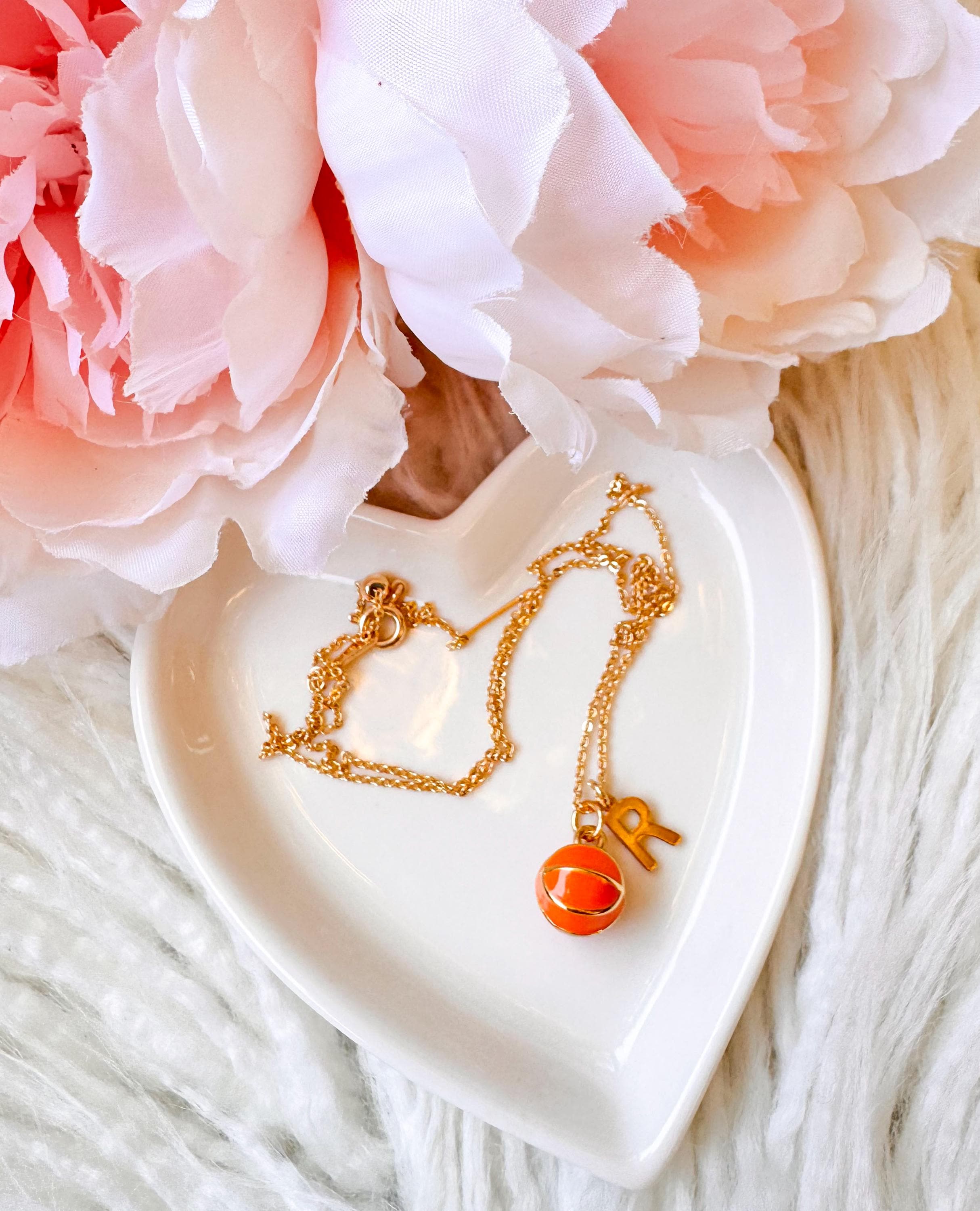 Personalised letter with Basketball Charm Necklace - Team Sport Gift - Gold Waterproof Tarnish Resistant Chain