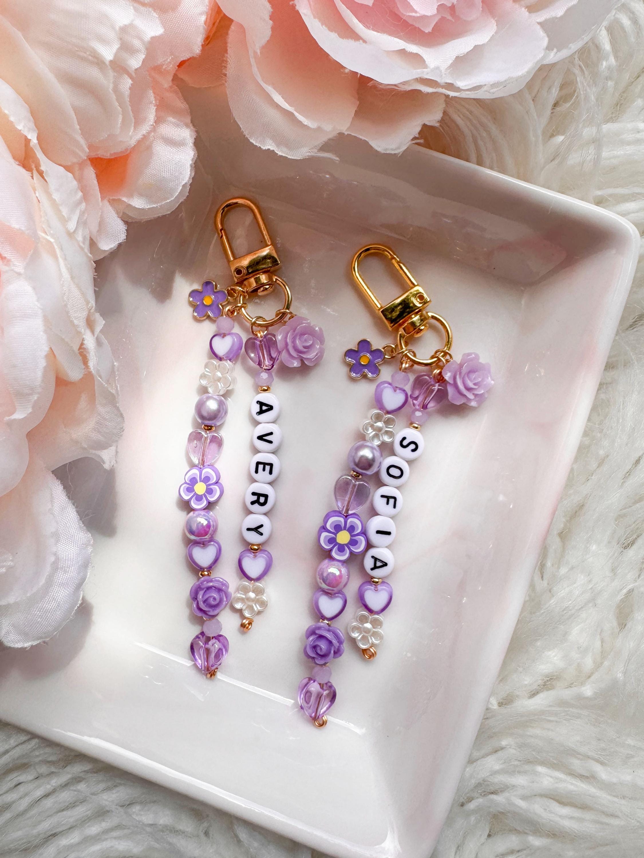 Purple Keyring Purple Flower Keyring With Personalised Name Bag Charm - School Bag ...