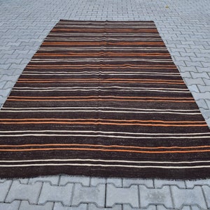 5x11 Vintage Goat Hair Kilim Rug: Striped Brown Black Handwoven Turkish Rug
