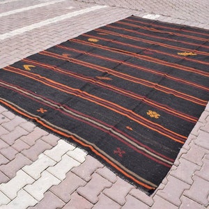 7x12 Vintage Goat Hair Kilim Rug: Striped Turkish Area Rug