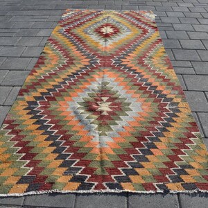 Vintage Anatolian Kilim Rug: 4.7x11.3 ft Wool Area Rug