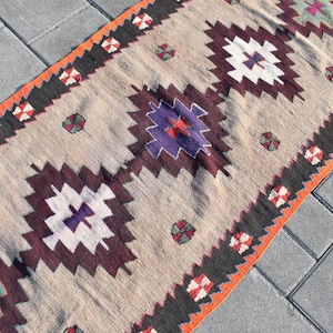 Vintage Turkish Kilim Runner Rug: 3x7 Wool Kitchen Rug