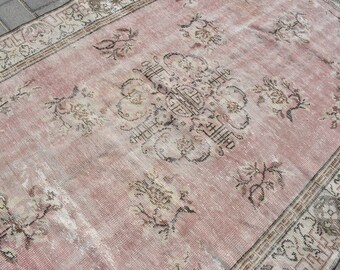 Vintage Turkish Wool Rug 5x8: Handmade Pink Area Rug