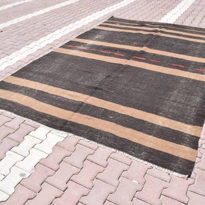 7x10 Vintage Goat Hair Kilim Rug: Striped Turkish Area Rug