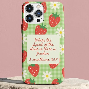 Christian Phone Case with Bible Verse, Cute Preppy Phone Case, Fruit Phone Case, Christian Gift for Her, iPhone 16 15 14 13 12 11
