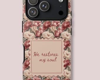 Floral Christian Handyhülle, Er stellt meine Seele wieder her, robuste Schutzhülle, iPhone / Samsung / Pixel