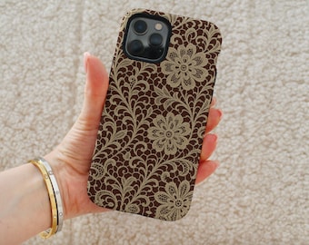 Burgundy Floral Lace Phone Case, Protective Tough Case, iPhone/Samsung/Pixel