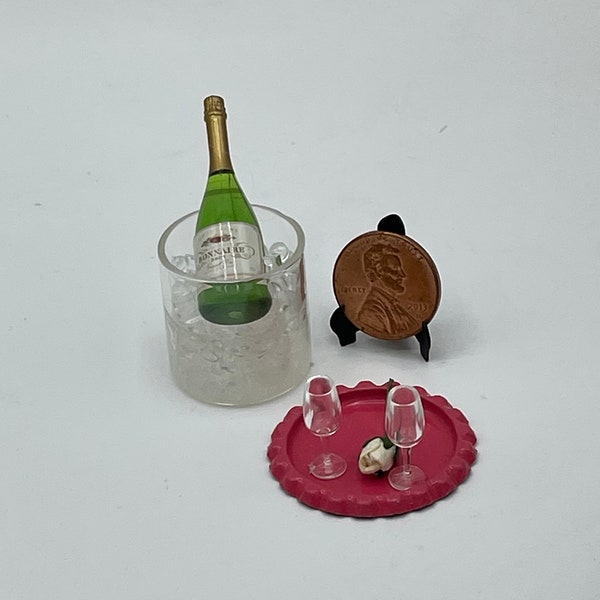 Miniature champagne bucket~Mini champagne bottle, flutes, tray and rose