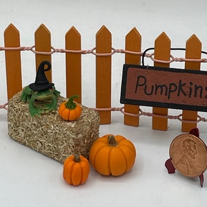 May include: A miniature pumpkin patch scene with a small hay bale, three orange pumpkins, a witch's hat, and a sign that reads "Pumpkins".