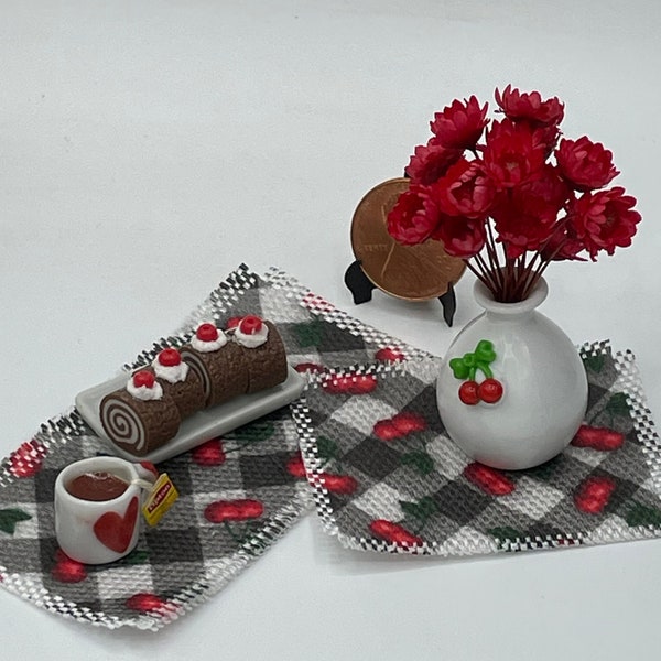 Miniature Cherries table mats~Mini thick cotton canvas mats~Mini cherries