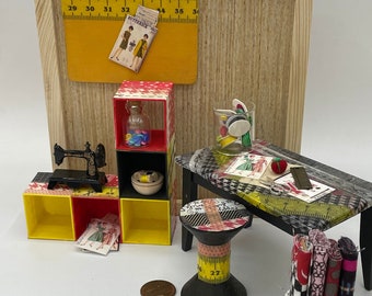 Sewing Cozy Corner~Mini sewing corner~Mini sewing table & stool~Mini sewing tools~Mini sewing notions