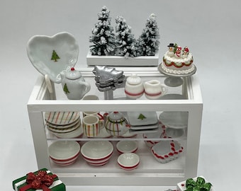 Miniature Christmas Porcelain Shop~Mini bowls~Mini teapots~Mini baskets~Mini cake plate~Mini sugar & creamer~Mini tree plates