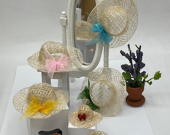 Miniature beach hats~Mini sinamay beach hats~Mini 2&quot; hats with 4 different color bows~Mini 1&quot; hat with tiny red bow