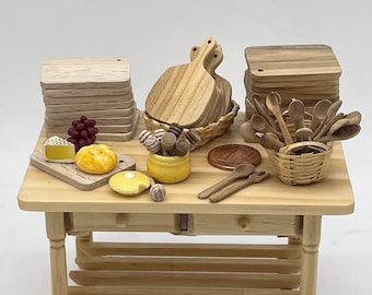 Miniature wooden kitchen utensils~Mini cutting boards~Mini wooden spoons~Mini honey dippers~Mini salad sets