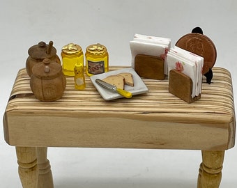 Miniature wooden kitchen accessories~Mini wooden honey jar and dipper~Mini napkin holder with napkins