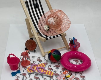 Miniature Beach Kit~Mini towel~Mini bucket w/spade and flamingo~Mini iced cola in bucket~Mini beach must haves