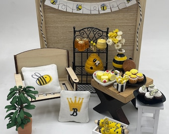 Miniature Beehive Shop~Mini bee sweets~Mini bee pillows~Mini honey~Mini flower vase~Mini bee banner~Mini bee rolling pin~Mini bee platter