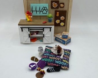 Cama para perros en miniatura ~ Colección para perros en miniatura Muddy Paws ~ Juguetes para perros en miniatura ~ Cuenco para perros en miniatura ~ Pantuflas en miniatura ~ Juguete masticable en forma de zapato en miniatura ~ Golosinas para perros en miniatura