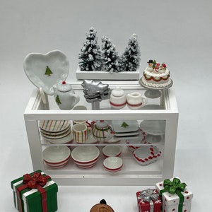 Miniature Christmas Porcelain Shop~Mini bowls~Mini teapots~Mini baskets~Mini cake plate~Mini sugar & creamer~Mini tree plates