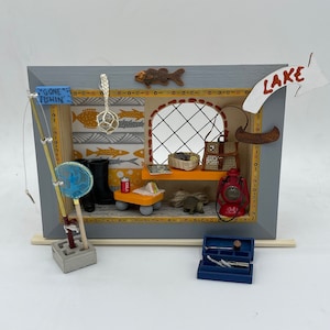 Miniature Fishing Locker~Mini fishing creel~Mini fishing pole & net~Mini fish on ice~Mini tackle box~Mini snack on riser~Mini lantern