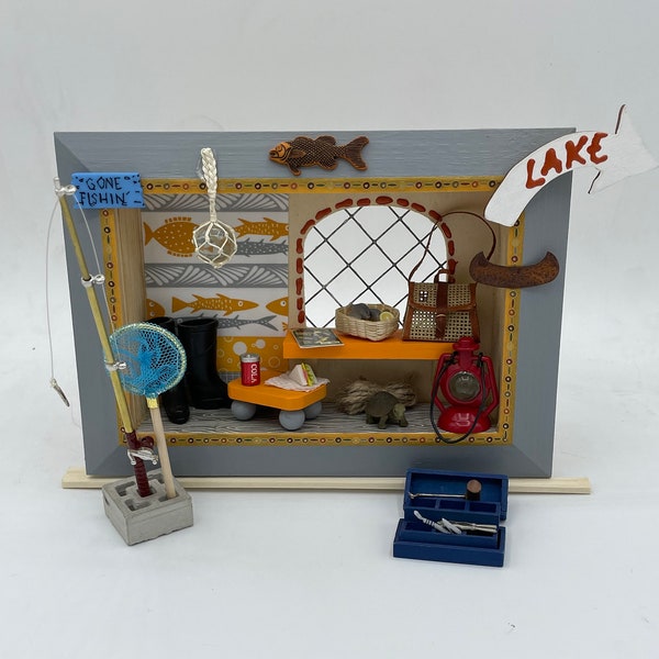 Miniature Fishing Locker~Mini fishing creel~Mini fishing pole & net~Mini fish on ice~Mini tackle box~Mini snack on riser~Mini lantern