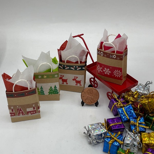 Miniature Christmas gift bags~Miniature Kraft decorated gift bags~Mini wrapped gifts