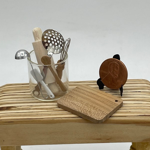 Miniature Kitchen Utensils in Glass Jar with Wooden Cutting Board~Mini kitchen necessities~Mini kitchen tools