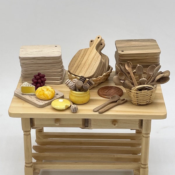 Miniature wooden kitchen utensils~Mini cutting boards~Mini wooden spoons~Mini honey dippers~Mini salad sets