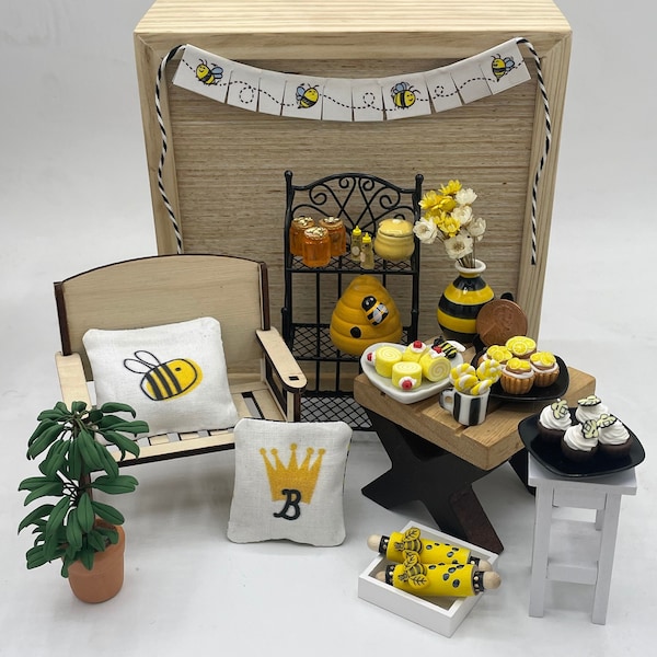Miniature Beehive Shop~Mini bee sweets~Mini bee pillows~Mini honey~Mini flower vase~Mini bee banner~Mini bee rolling pin~Mini bee platter