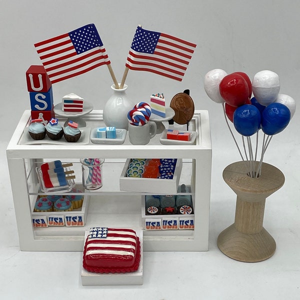 Miniature 4th of July picnic~Mini desserts and sweets for a summer feast~Mini flag cake~Mini cupcakes~Mini red white and blue sweets