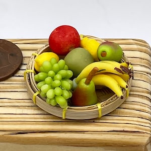 Miniature Fruit Tray~Grapes~Lemons~Apples~  Pears~ Banana bunch on wicker tray