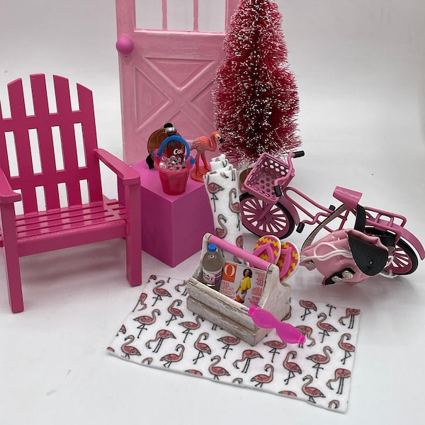 Miniature Pink Dreamworld Beach~Mini pink backpack~Mini bicycle~Mini beach tote and accessories