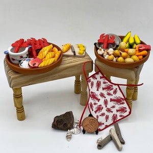 Miniature lobster boil~Mini lobsters~Mini vegetables~Mini stock pots~Mini bread and butter~Mini lobster apron~Mini lobster claw mitt