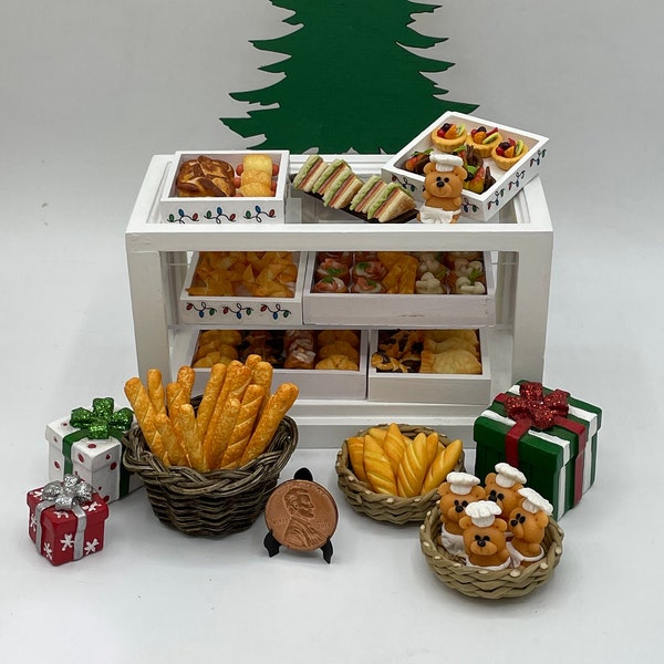 Miniature Christmas bakery~Mini trays of pastries~Mini rolls and breads~Mini tarts~Mini foot long deli sandwich~Mini "Love Chef"