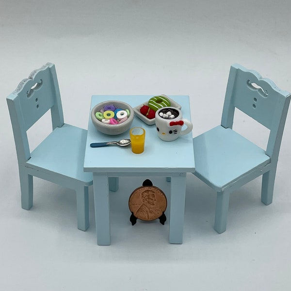 Miniature boy's table and chairs~Mini table and chair set sport mustaches~Mini kid's breakfast~Mini bowl of fruitos cereal~Mini hot cocoa
