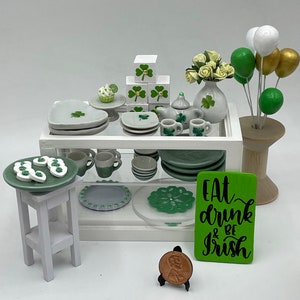 Miniature St. Patricks Day kitchenware~Mini Irish green dishes~Mini tea pot~Mini platters